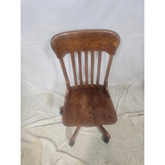 Traditional Vintage Solid Oak Swivel Banker's Chair With Casters For Sale - Image 3 of 5