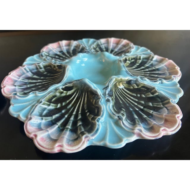 Turquoise French Hand Painted Majolica Five-Lille 6 Well Oyster Plate. C. 1890's For Sale - Image 8 of 10