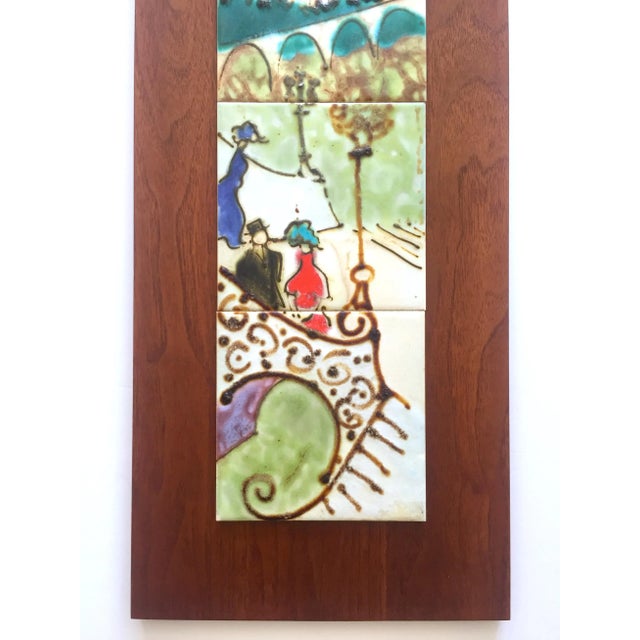Harris Strong Vintage Mid Century Modern Hand Painted Ceramic Tile Walnut Wood Wall Art Panels - Set of 2 For Sale - Image 9 of 13