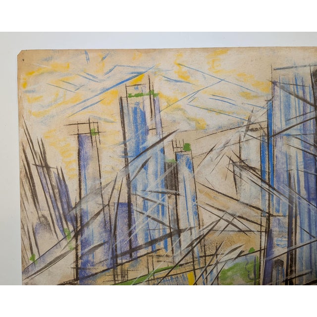 Original drawing, pastel on paper, an abstracted cityscape executed in a dramatic Futurists/Constructivist style...