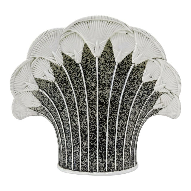 Italian Art Deco Style Fan Shell Ceramic Vase, Mottled Green Brown Glaze, Made in Italy For Sale