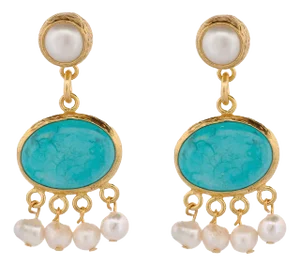 Turquoise & Pearl Gemstone Tassel Statement Earrings, 2 Pieces