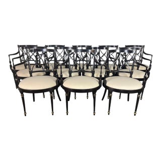 Set of Twelve Regency-Style Ebonized Dining Chairs With Linen Seats For Sale