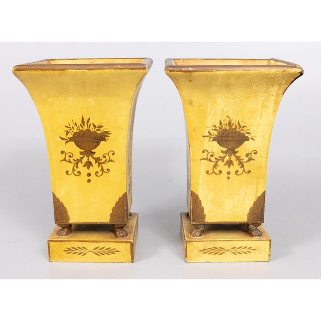 French Country Antique French Yellow Tole Jardinieres Cachepots Urns - a Pair For Sale - Image 3 of 9