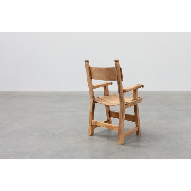 Brutalist Armchair with Carved Rosettes and Nailed Wooden Seat, Spain, 1950s For Sale - Image 12 of 16
