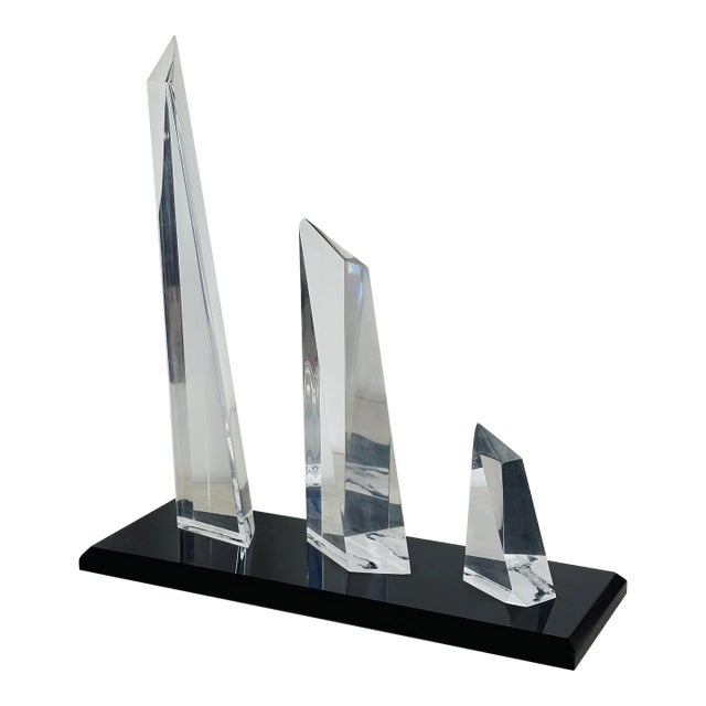 Post-Modern Crystal Sculpture in Graduated Sizes Mounted on Black of Lucite, Signed For Sale