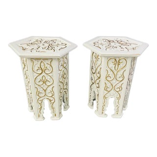 Hollywood Regency Moroccan Stye Side or End Table White With Gold Design, a Pair For Sale