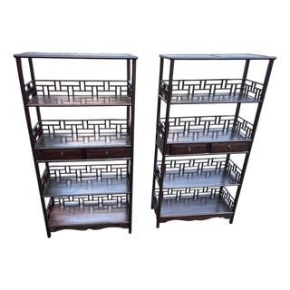 1990s Chinese Chippendale Rosewood Étagères With Fretwork a Pair For Sale