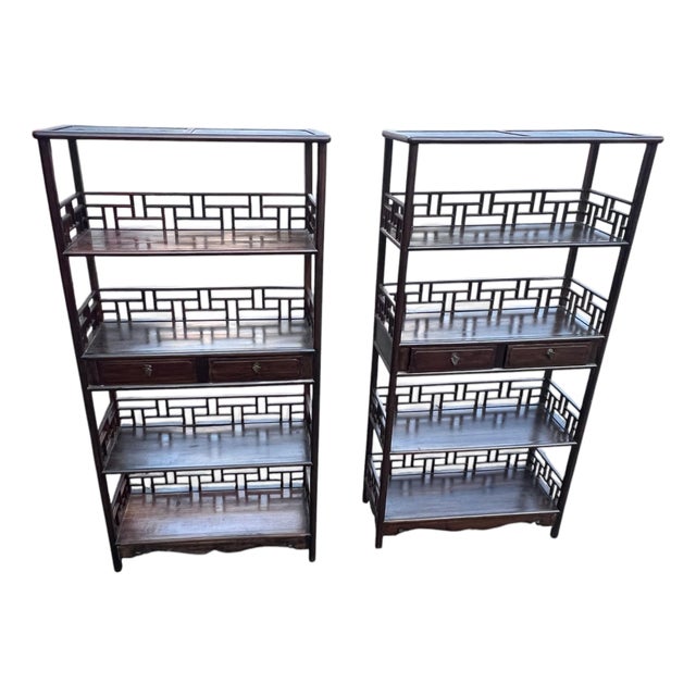 1990s Chinese Chippendale Rosewood Étagères With Fretwork a Pair For Sale