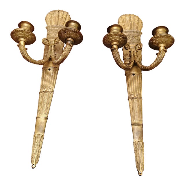 Pair Antique French Empire Gilt Bronze Sconces With Quiver For Sale