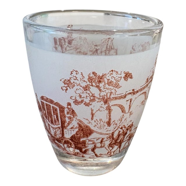 Glass Mid 20th Century French Frosted Scenic Glass 7.5” Decanter & 5 Cordial Glasses, 6 Piece Set For Sale - Image 7 of 11