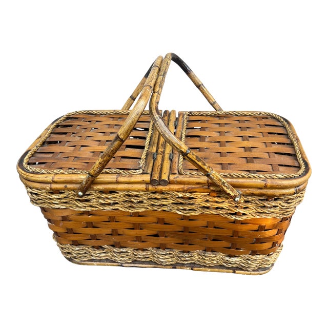 1970s Vintage Scorched Bamboo and Woven Wood Picnic Basket For Sale