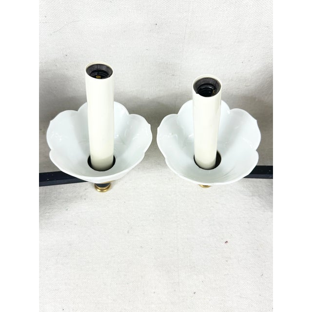 Black 1940s Mid-Century Ceramic & Metal Tole Floral Wall Sconces - A Pair For Sale - Image 8 of 11