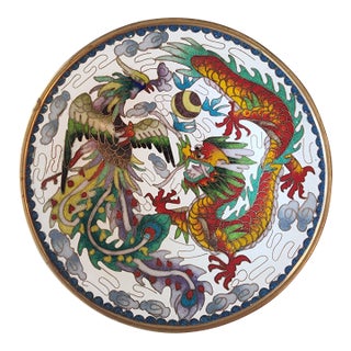 Chinese Enamel Cloisonne 6in Plate. Dragon and Phoenix With Square Marking on Back. For Sale