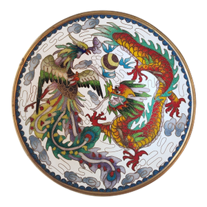 Chinese Enamel Cloisonne 6in Plate. Dragon and Phoenix With Square Marking on Back.