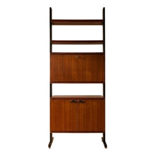 Mid-Century Modern Modular Wall Unit in Veneer and Black Metal Shelving Cabinet, Europe, 1960s For Sale