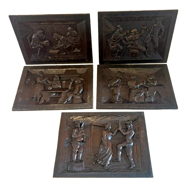 Antique Victorian Flemish Tavern Scene Wall Panels in Carved Oak, 1880, Set of 5 For Sale