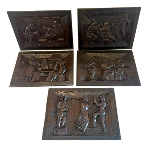 Antique Victorian Flemish Tavern Scene Wall Panels in Carved Oak, 1880, Set of 5