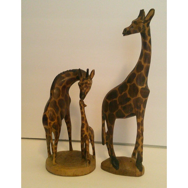 Vintage Hand-Carved Wood Giraffes 12" Dad & 8" Mom/Calf African Safari Folk Art For Sale - Image 4 of 7
