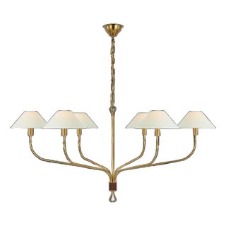 Amber Lewis for Visual Comfort Signature Griffin Extra Large Tail Chandelier in Hand-Rubbed Antique Brass and Saddle Leather with Linen Shades For Sale