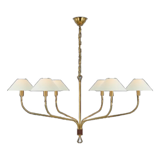 Amber Lewis for Visual Comfort Signature Griffin Extra Large Tail Chandelier in Hand-Rubbed Antique Brass and Saddle Leather with Linen Shades For Sale