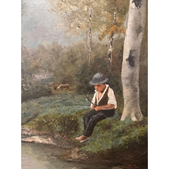 19th Century French Pastoral Oil Painting of Cow and Boy in Giltwood Frame For Sale - Image 4 of 11