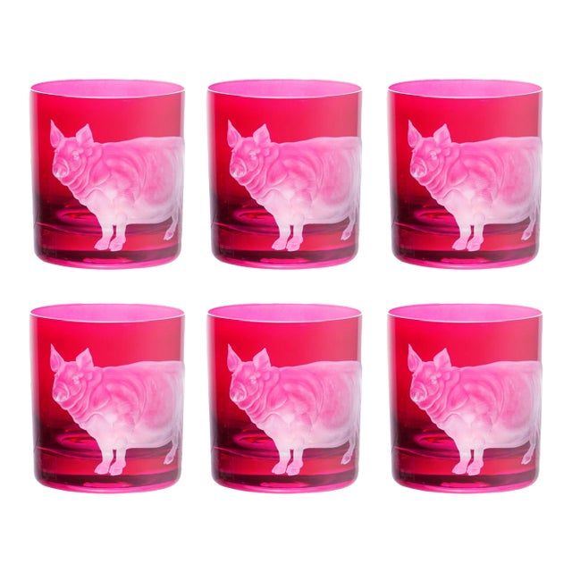 ARTEL Barnyard Collection Farm Pig Double Old Fashioned Glasses in Fuchsia - Set of 6 For Sale
