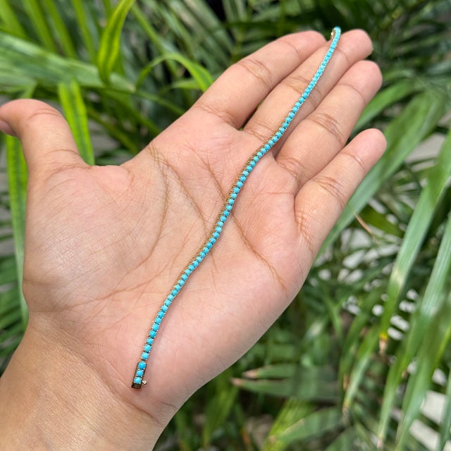 Modern Dainty Turquoise 3.11ct Gemstone Tennis Bracelet in 14k Solid Gold For Sale In New York - Image 6 of 15