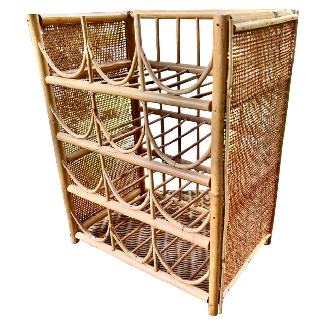 Vintage Bamboo Rattan and Cane 12 Bottle Wine Rack For Sale