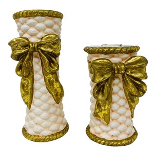 Vintage Ceramic Gold Bow Candle Holders a Set For Sale