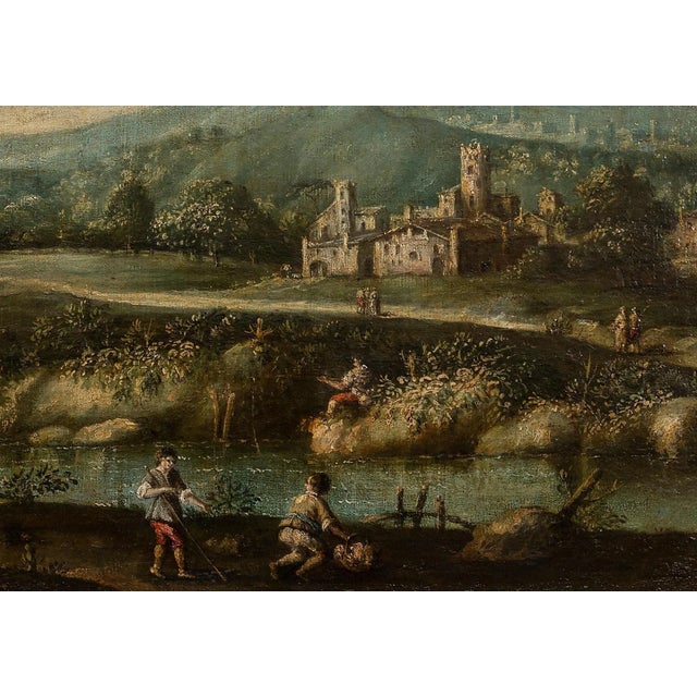 Landscape with figures is an original oil on canvas realized in the XVIII Century by a Venetian School Master. Original...