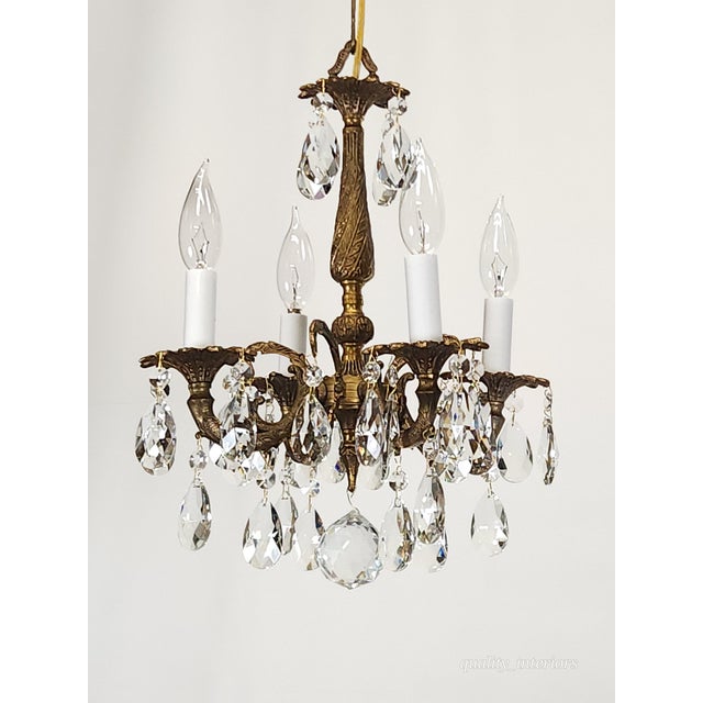1950s Antique 4 Arm 4 Light Glowing Graceful Brass Cut Lead Glass Crystal Chandelier For Sale - Image 5 of 13