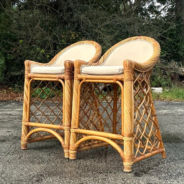 Vintage Coastal Trellis Rattan Bar Stools - a Pair For Sale In West Palm - Image 6 of 7