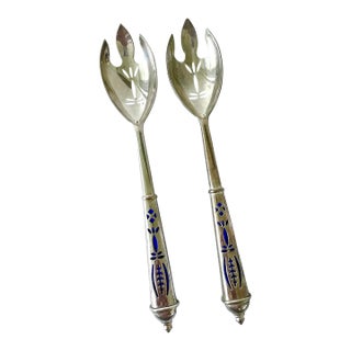 Mid 20th Century Royal Cobalt Glass and Silver Plate Serving Spoons For Sale