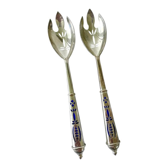 Mid 20th Century Royal Cobalt Glass and Silver Plate Serving Spoons For Sale