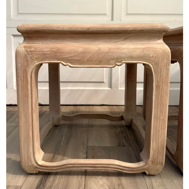 Pair of Vintage Ming-Style Solid Wood Side Tables in Bleached Whitewash Finish For Sale - Image 4 of 12