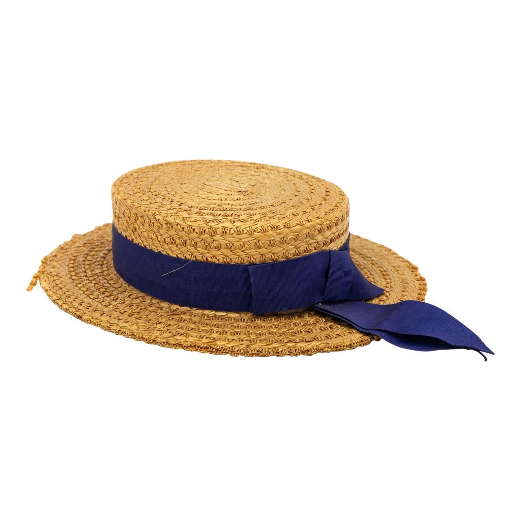 Gimbels 60\'s vintage navy blue and white striped straw boater-style hat W/ribbon 1960s Boater Hat - Etsy main image 3
