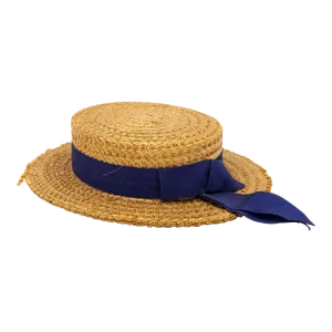 Vintage Natural Straw Navy Blue Ribbon Bow Boater Hat, the Ridgemont Make, 1950s