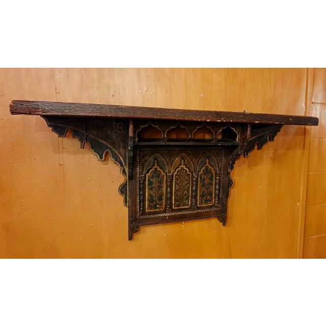 Vintage Moroccan Hand-Carved and Hand-Painted Wooden Wall Shelf For Sale - Image 10 of 12