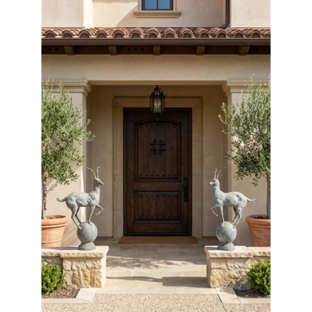 Pair of Neoclassical Cast Iron Gazelle Garden Ornaments on Spherical Finial Bases For Sale - Image 11 of 12