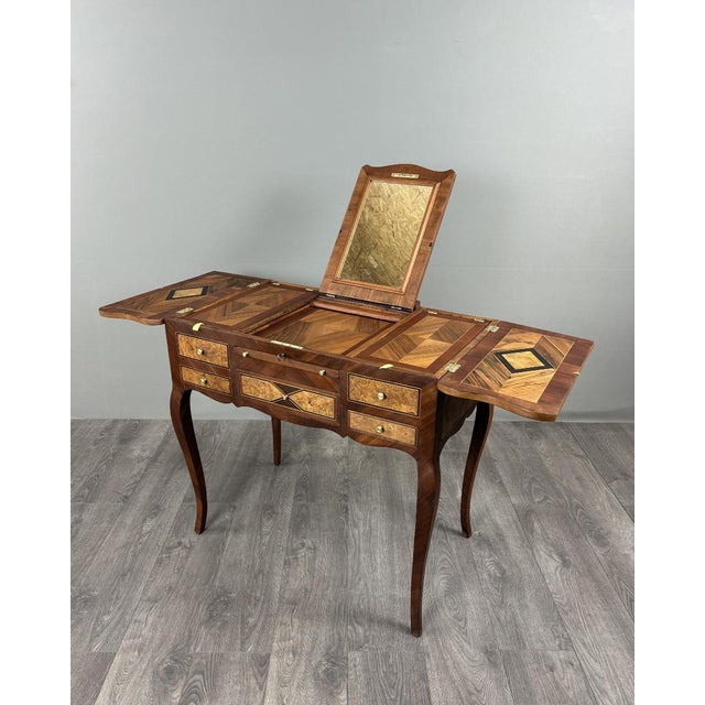 Brown 20th Century Louis XV Marquetry Dressing Table, Vanity Table with Mirror For Sale - Image 8 of 9