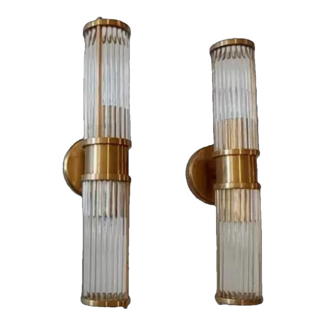 Vintage Art Deco Rod Ship Light Wall Sconces in Brass & Glass a Pair