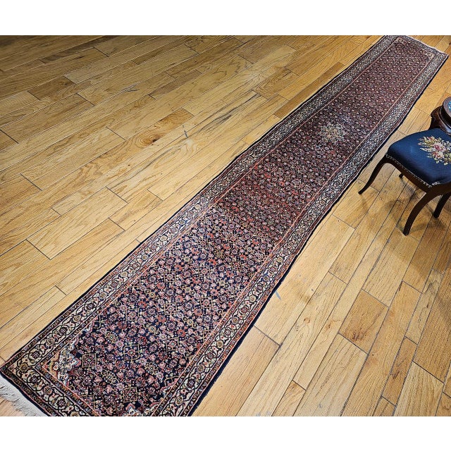 Red Vintage Persian Tabriz Long Runner, Hand-Woven Wool, All Over Herati Pattern, Navy & Ivory, 3x16 For Sale - Image 8 of 16