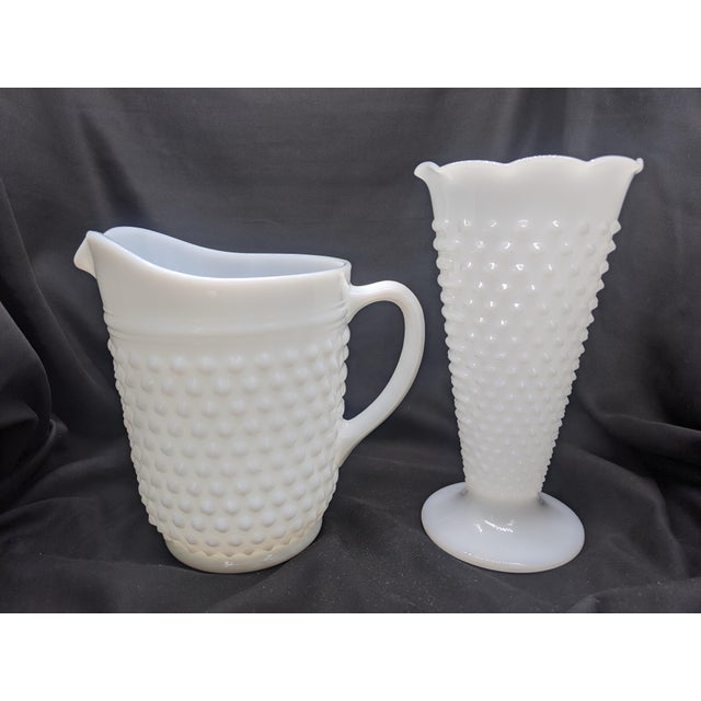 Mid 20th Century Vintage Hobnail Milk Glass Vase And Pitcher