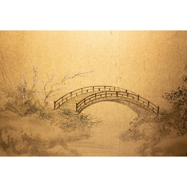 Goldenrod 1960s Landscape With Bridge, Showa Era Japanese Painted Byobu Screen For Sale - Image 8 of 18