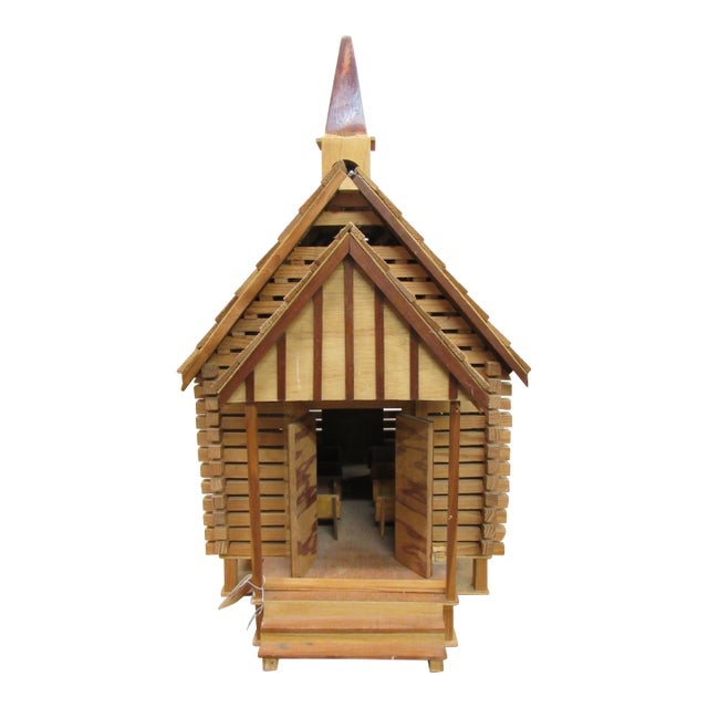 Vintage Handcrafted Folk Art Wooden Log Schoolhouse Model With Bell For Sale