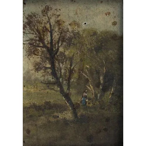 "Landscape". Oil on wood from the 19th century. Dimensions: 15 x 9 cm.