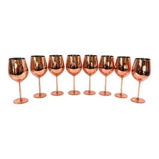 Vintage Copper Stemmed Goblets, Set of 7 | Rose Gold Metallic Wine Glasses | Hollywood Regency Barware For Sale