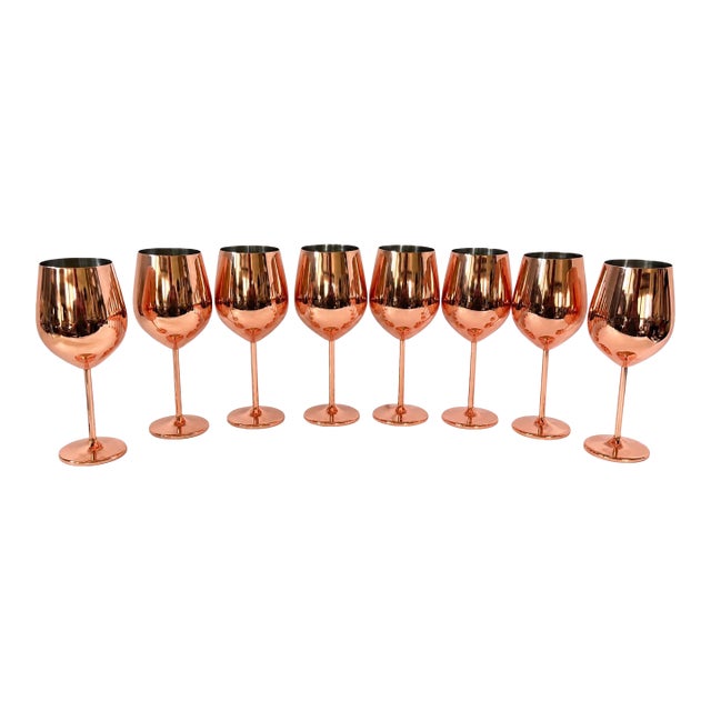 Vintage Copper Stemmed Goblets, Set of 7 | Rose Gold Metallic Wine Glasses | Hollywood Regency Barware For Sale