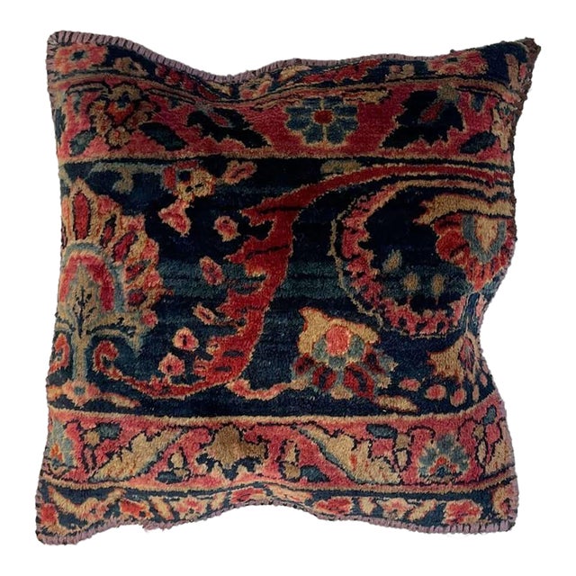Pillow W/Antique Persian Sarouk Rug Fragment , 1'5" X 1'5" For Sale
